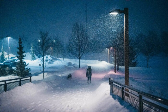 Kuvassa pimeä, lumisateinen talvimaisema, jossa kävelee ihmien koiran kanssa.