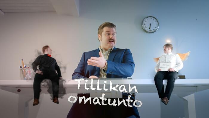 Kuvassa kuvitteellinen hahmo Toimitusjohtaja Tillikka istuu työpöytänsä ääressä. Pöydällä istuvat myös piru- ja enkelihahmot.