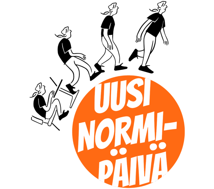 Uusi normipäivä -työpajan tunnus, jossa on piirroshahmoja logon päällä.